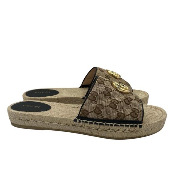 GUCCI Monogram Matelasse GG Marmont Espadrille Slide Sandals Size 38 Beige Black - Picture 7 of 16